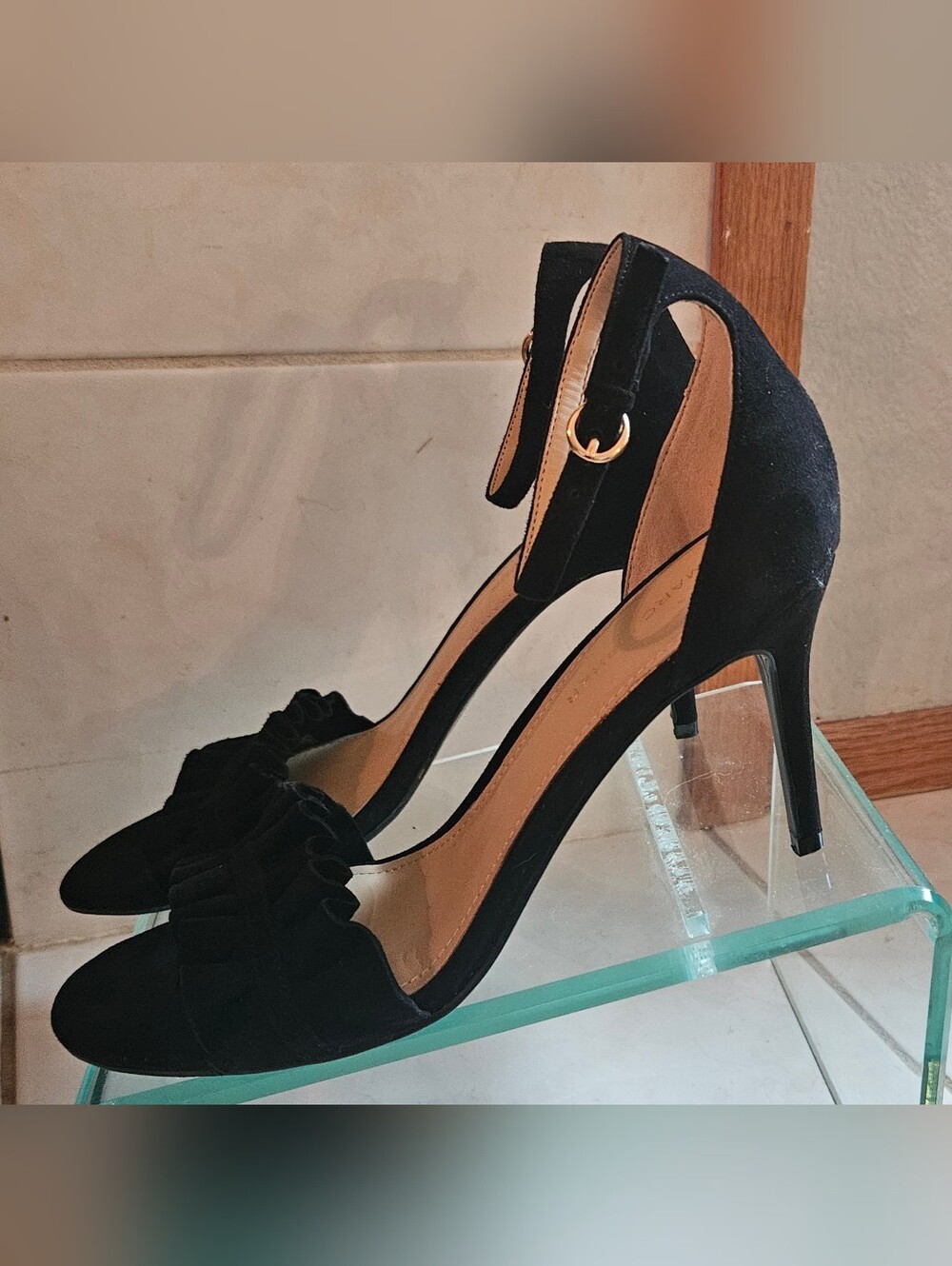 Marc Fisher Black Women’s Ankle-Strap Heels with Ruffle Toe, NWOT